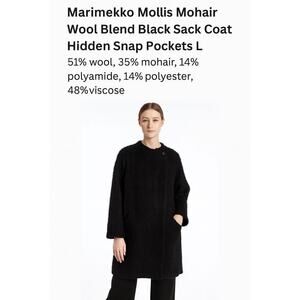 Marimekko “Mollis” Mohair Wool Blend Sack Coat Black L 12/14